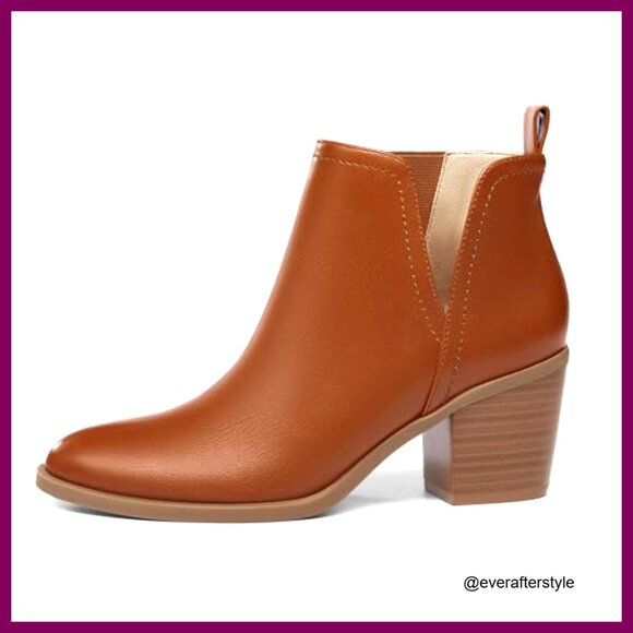 Chunky Heel Ankle Boots Western Style Slip On Cut Out Design Almond Toe - Picture 2 of 6